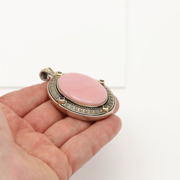Large Vintage Natural Pink Opal Pendant Sterling Silver 925 and 18k - Picture 4 of 11